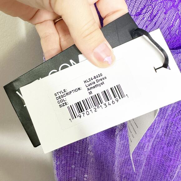 Retrofete Lucie Sequin Lace Semi Sheer Maci Dress Amethyst Purple Medium NEW - Picture 10 of 12